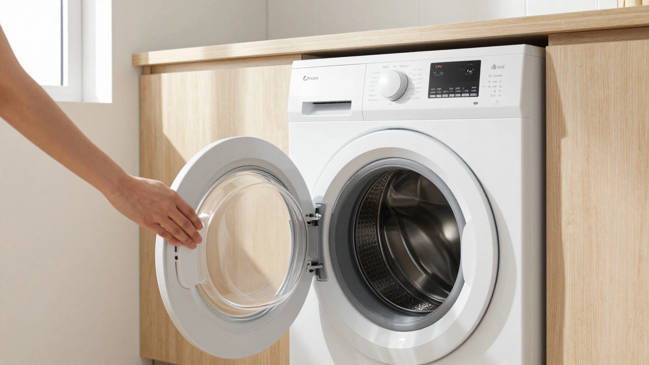 Modern white washing machine in bright, clean laundry room