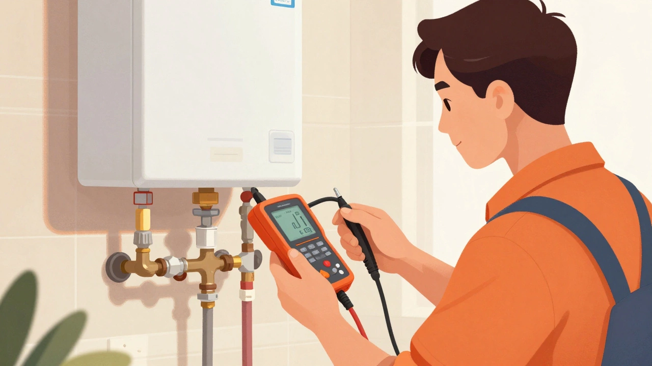 Plumber inspecting gas water heater unit professionally