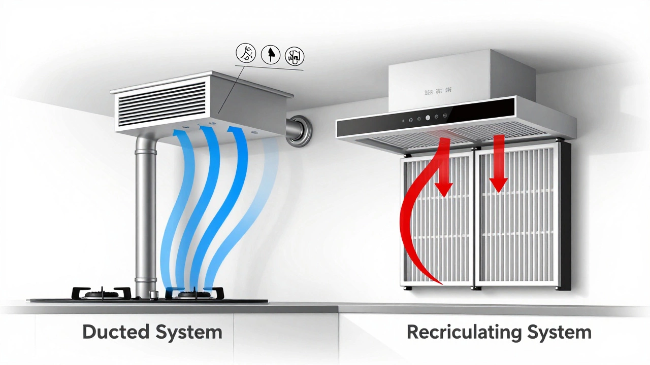 Schematic diagram comparing ducted vs recirculating kitchen ventilation systems airflow.
