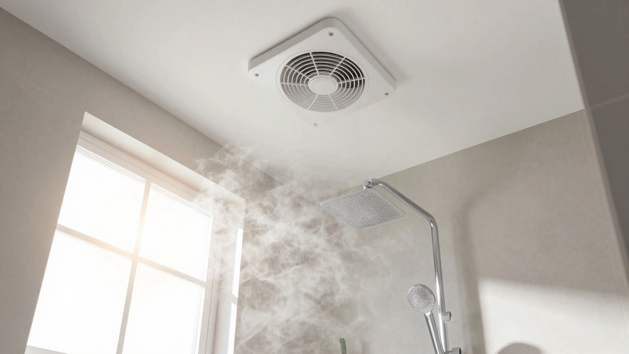 Steamy bathroom showing active ventilation from a new ceiling extractor fan