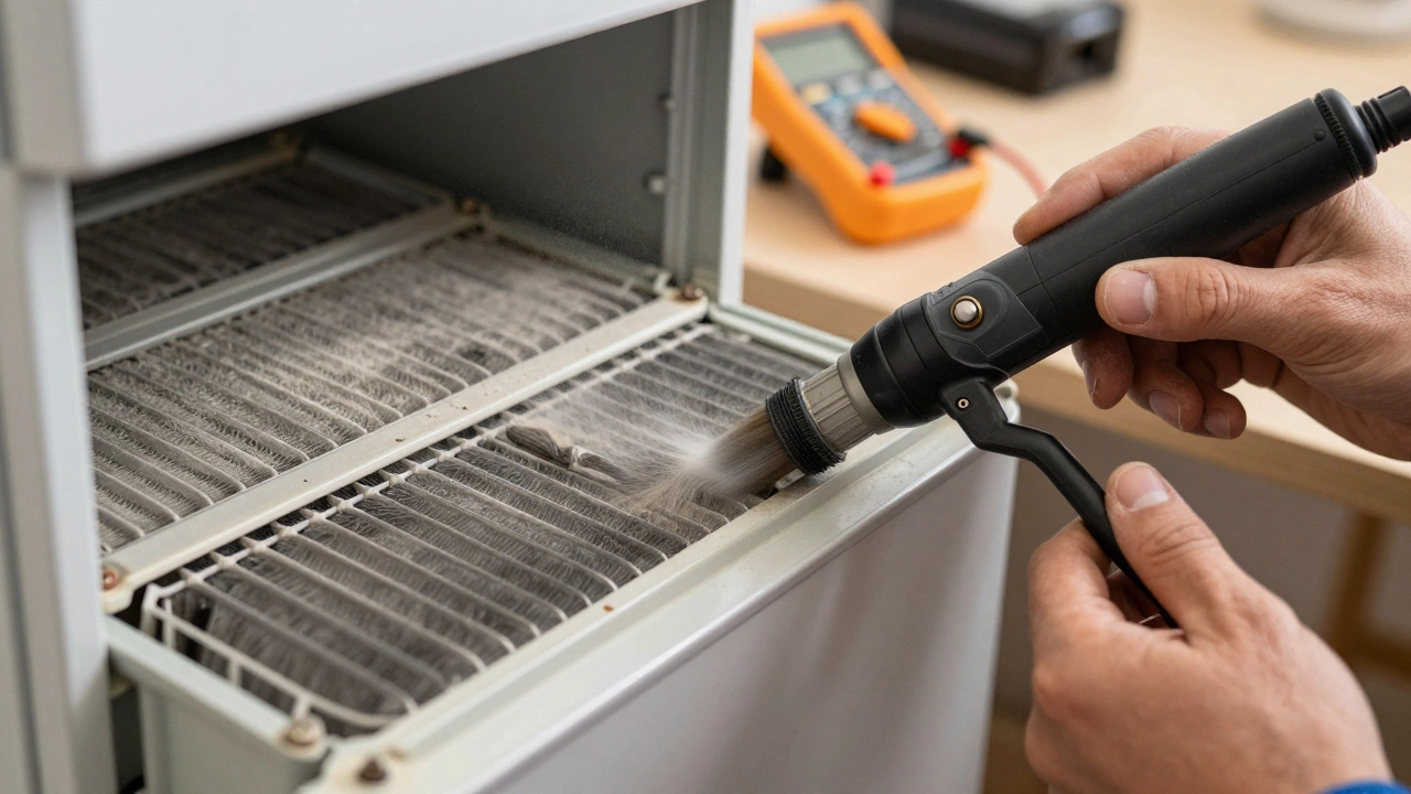 Technician cleaning dusty condenser coils on refrigerator back