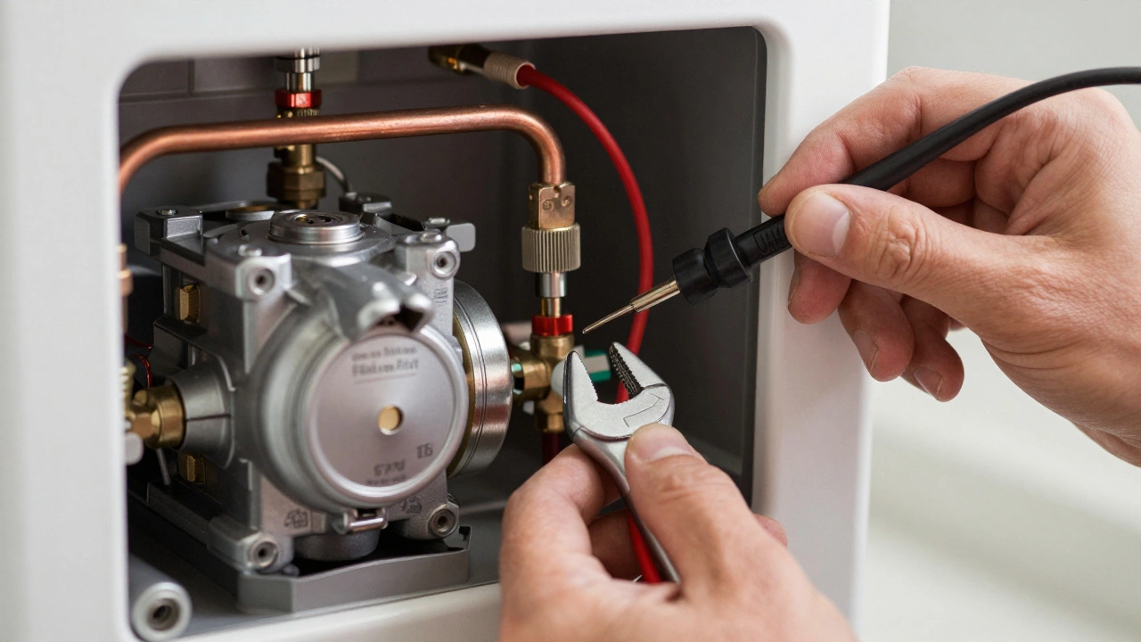 Technician repairing boiler components with tools and multimeter