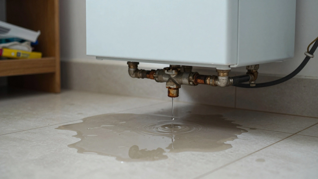 Water leaking from a boiler onto the floor of a utility room