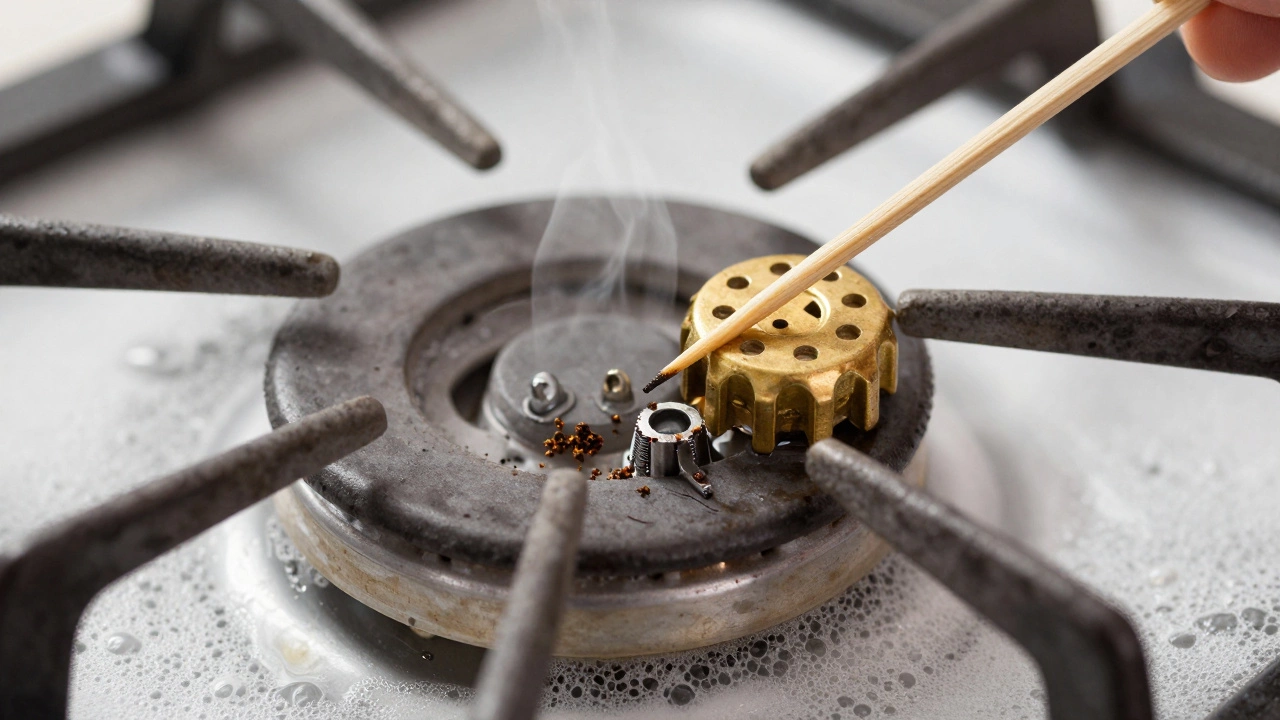 Cleaning gas hob burner jets with toothpick in soapy water