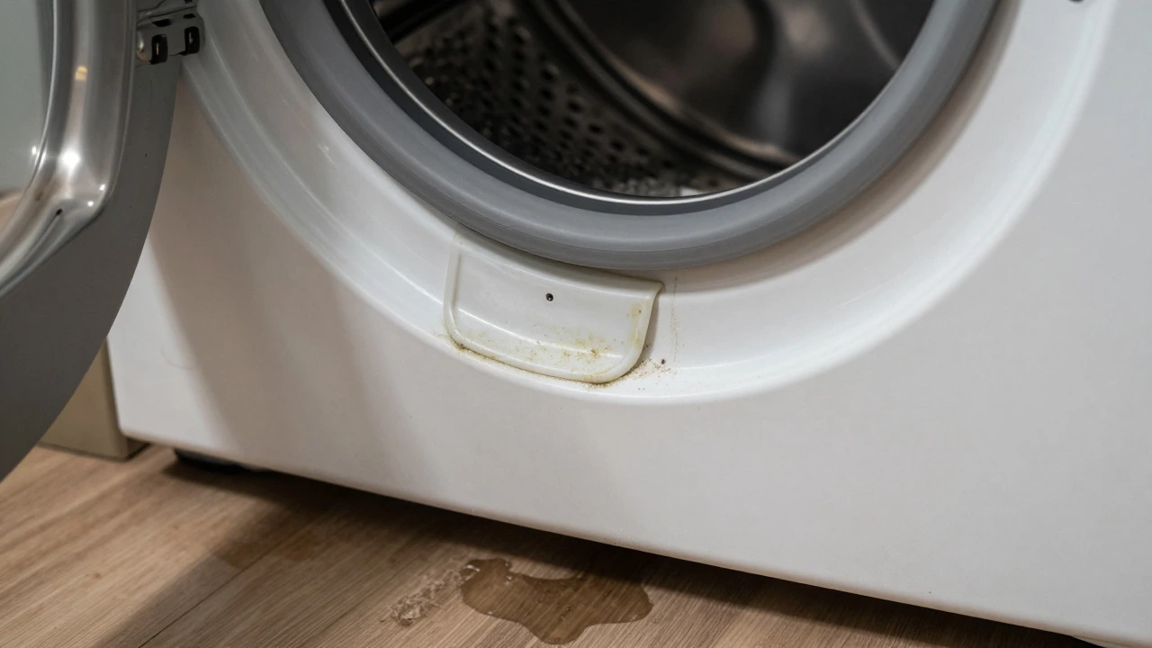 Close-up of a leaking washing machine with moldy rubber seal and water on floor