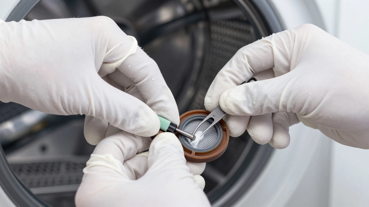 Close-up of gloved hands cleaning filters and seals inside an appliance
