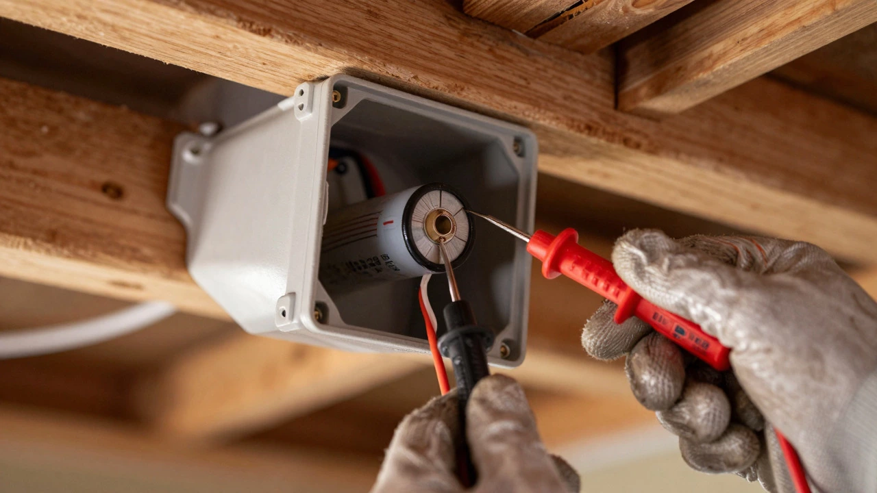 Close-up of hands testing an exhaust fan capacitor with a multimeter
