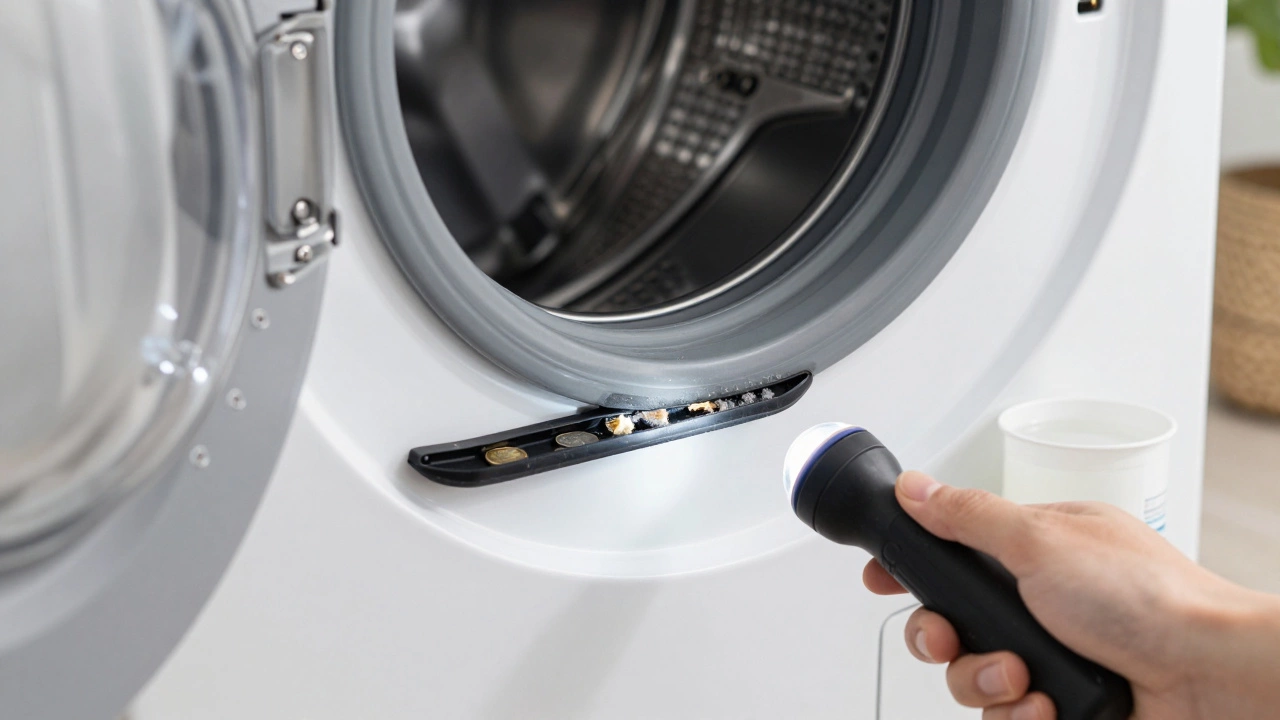 Close up of washing machine seal inspection with cleaning supplies