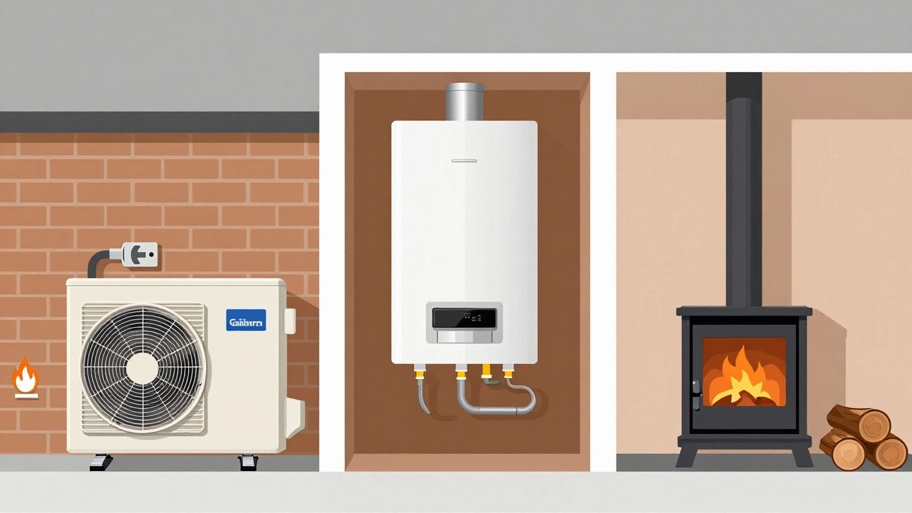 Comparison of heat pump, gas boiler, and wood burner heating systems