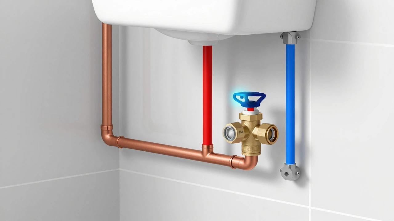 Cutaway diagram of shower plumbing and mixing valves