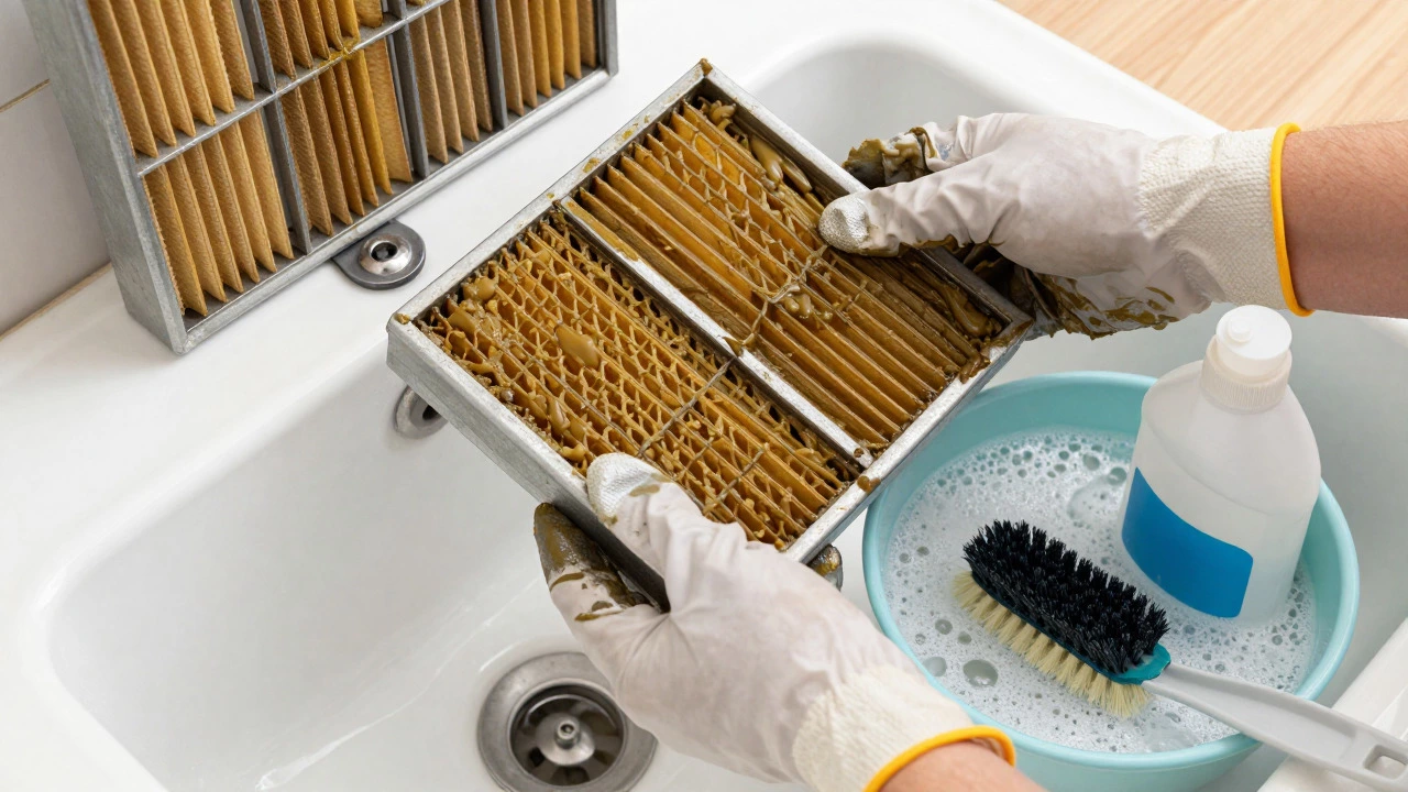 Dirty grease filters being removed for cleaning
