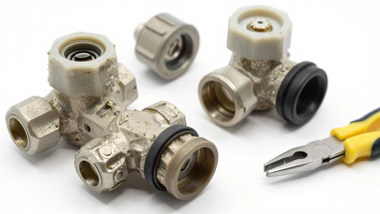 Disassembled shower valve parts showing mineral buildup