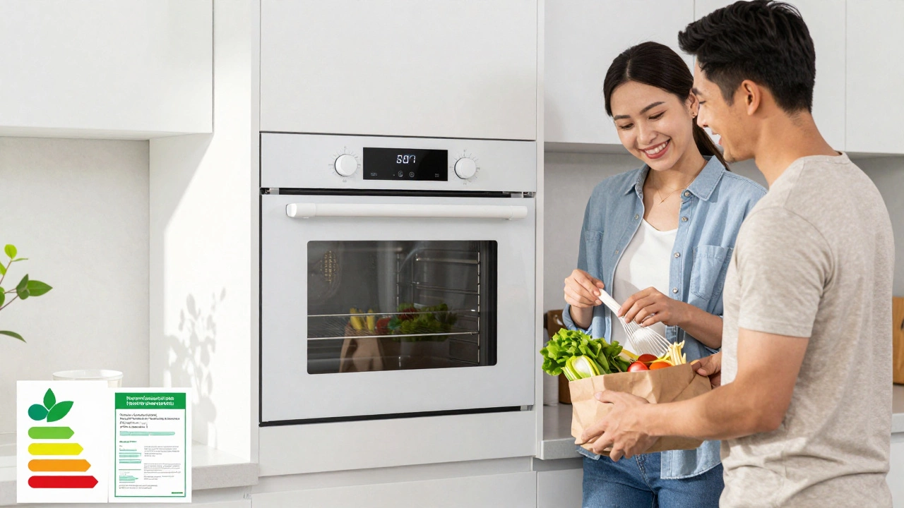 Happy couple enjoying a new, efficient smart oven in a modern kitchen