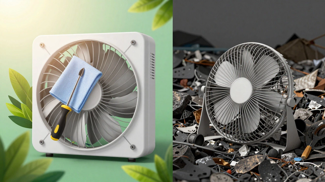 Illustration comparing appliance repair sustainability versus landfill waste