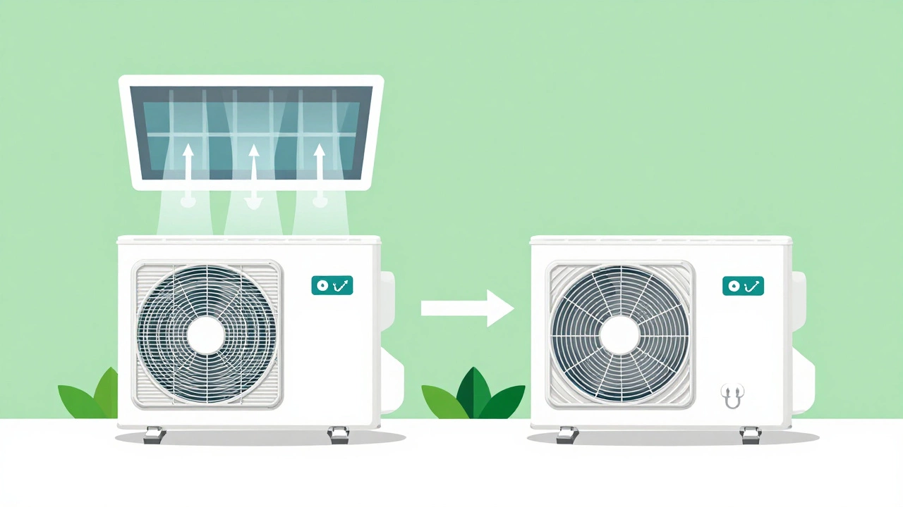 Illustration of heat pump maintenance with clean filters and airflow