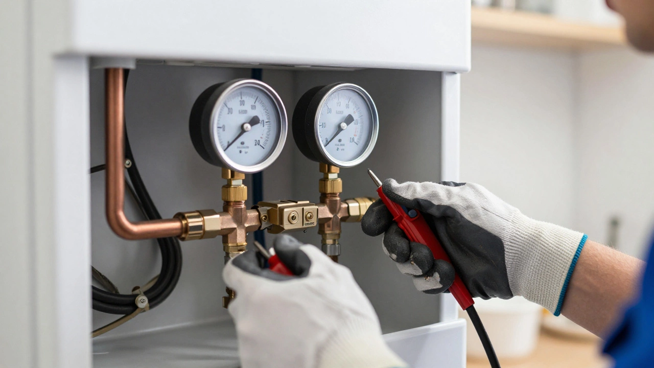Licensed engineer inspecting boiler pressure gauge and controls closely