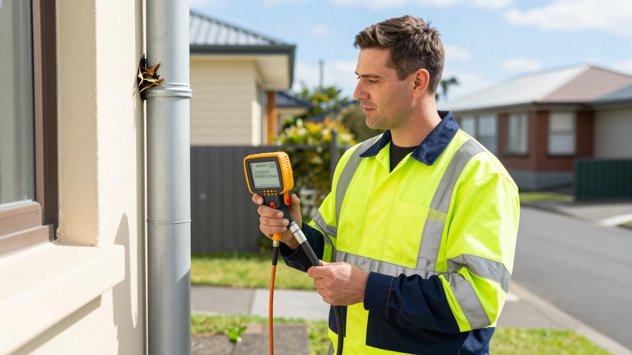 Licensed gas engineer inspecting an external flue pipe on a residential house