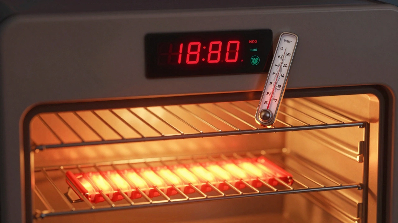 Oven heating element glowing with mismatched thermometer reading