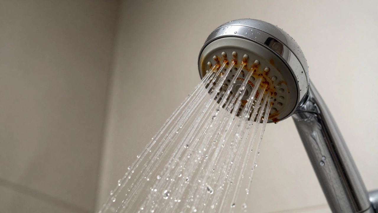 Rust-colored water flowing from a chrome shower head