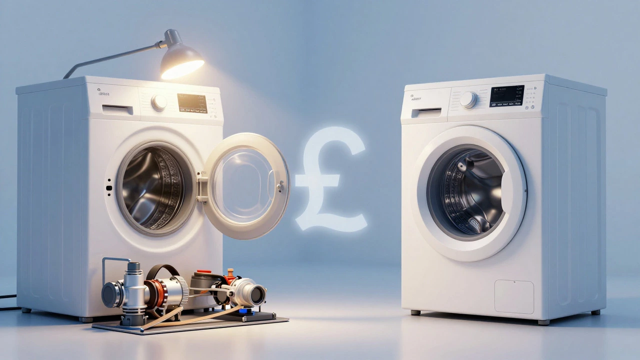 Split view showing broken washing machine parts versus a new appliance box