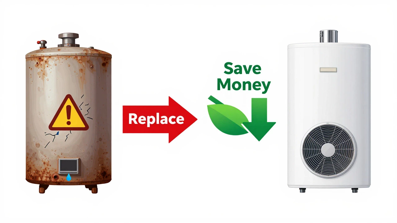 Vector graphic comparing old leaking heater vs new efficient model