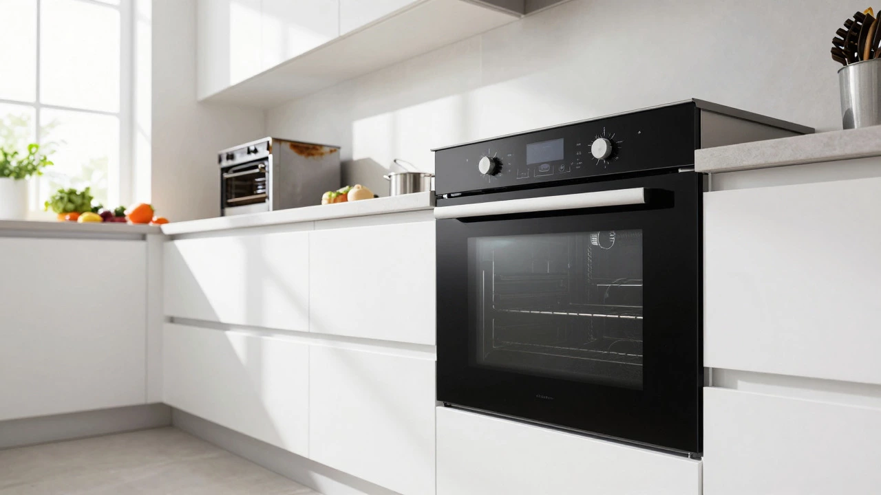 A modern kitchen with a new electric oven and sunlight streaming through windows