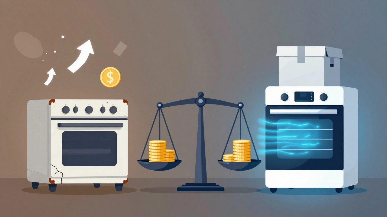 Conceptual art showing a balance scale weighing repair costs against a new oven