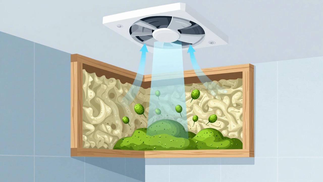Cross-section showing mold growth in a damp bathroom wall