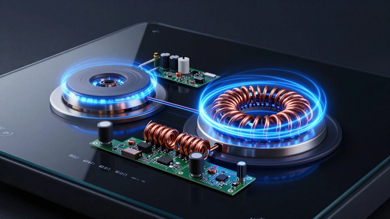 Cutaway illustration of induction hob internals showing glowing coils and circuits