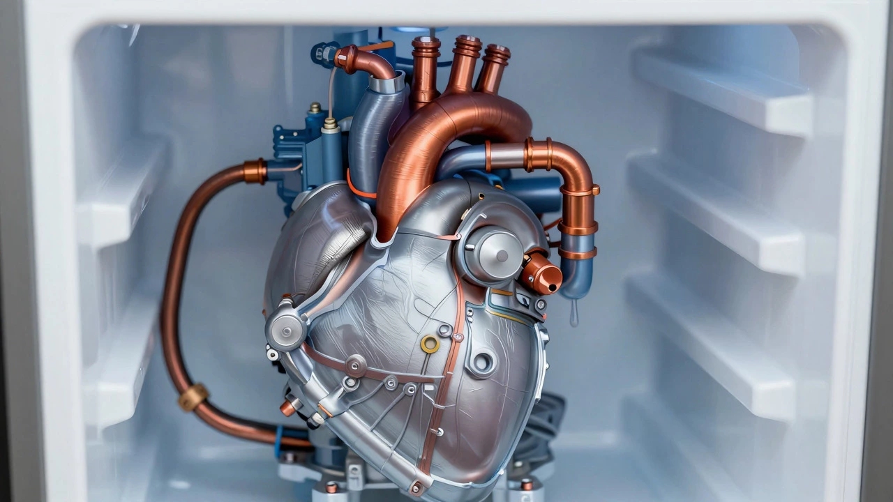 Cutaway view of refrigerator compressor and copper tubes