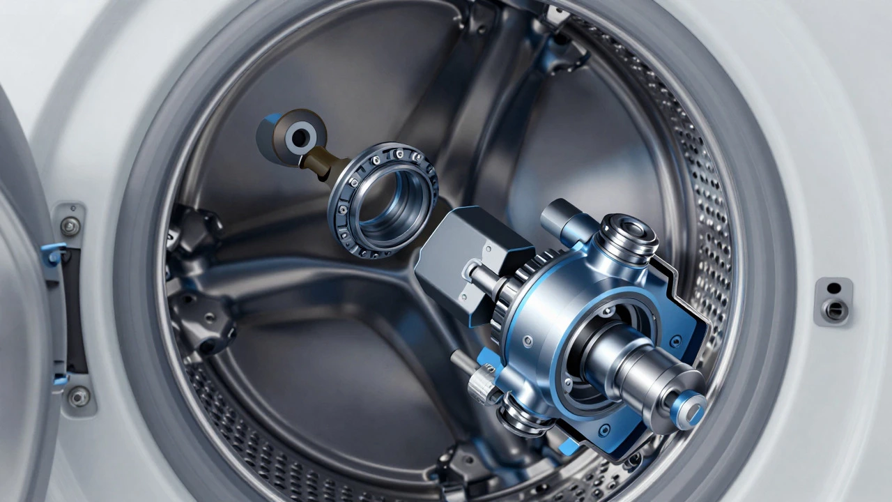 Cutaway view of washing machine drum bearings and suspension system