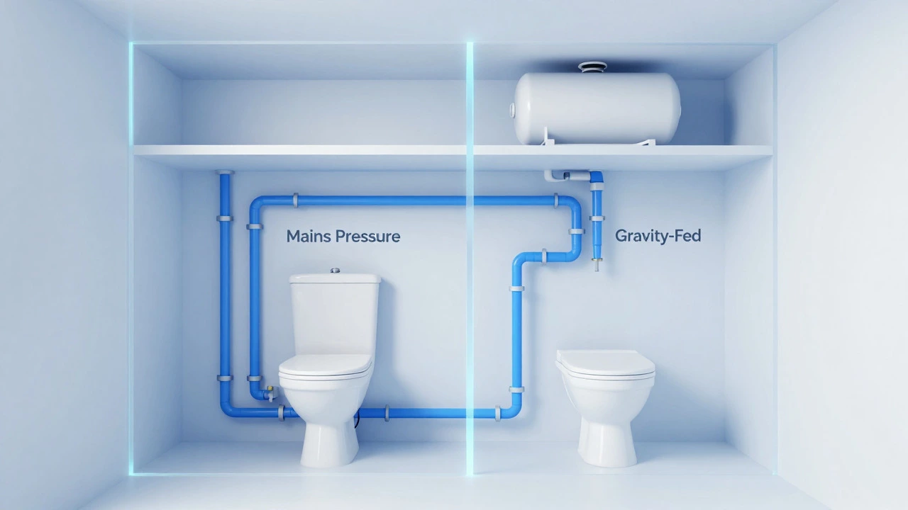 Diagram comparing mains pressure vs gravity-fed plumbing systems.