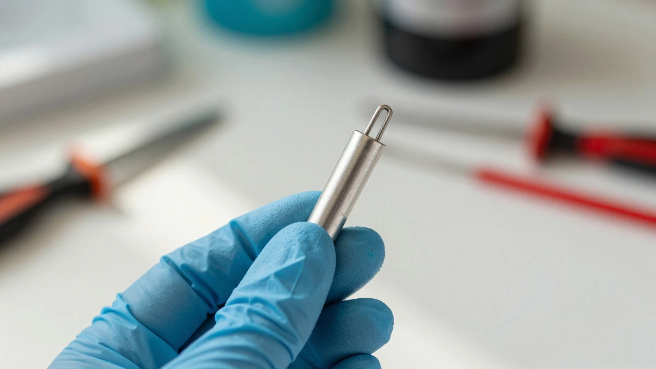 Hand in a glove holding a small thermal fuse component