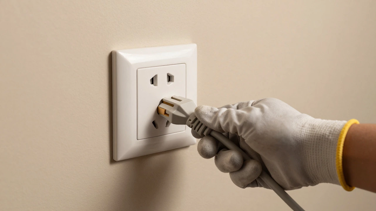 Hand unplugging a refrigerator power cord from a wall socket to reset the compressor