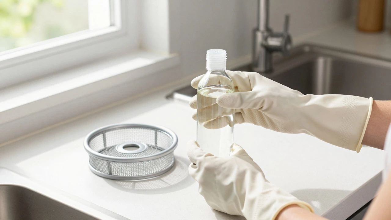 Hands holding vinegar and filter for dishwasher maintenance