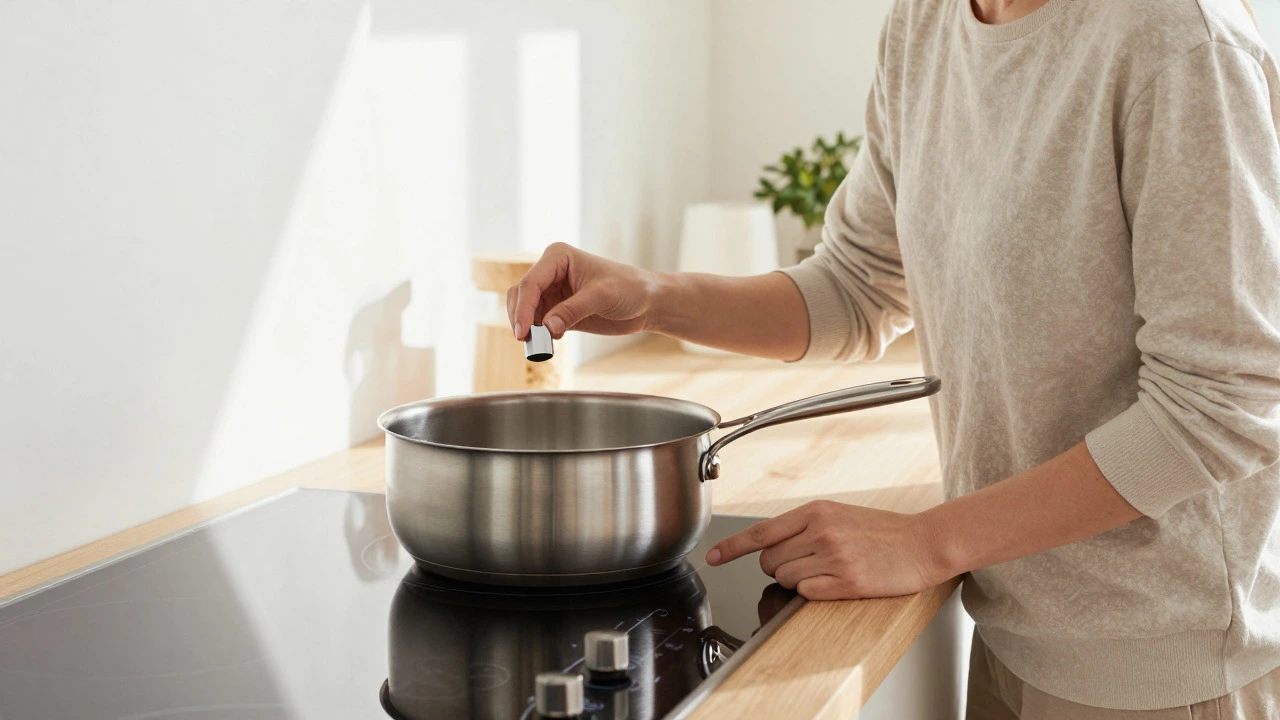 Homeowner testing a pan base with a magnet near an induction hob