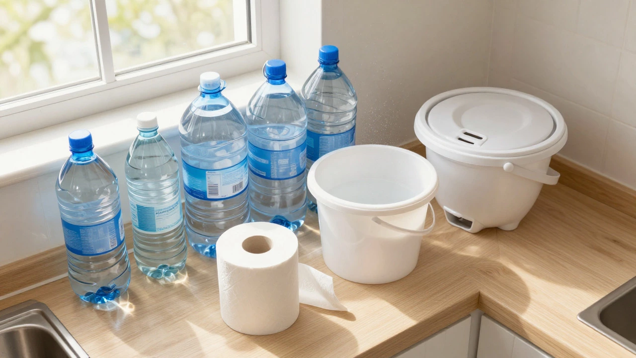 Kitchen counter stocked with bottled water and emergency supplies.