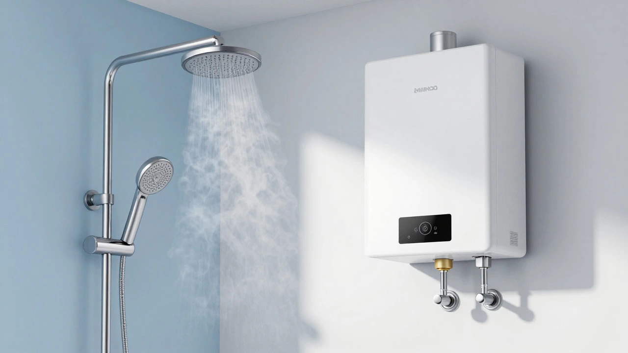 Modern tankless water heater in a bright, clean bathroom