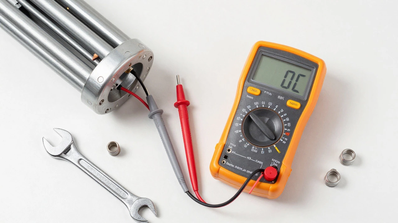 Multimeter testing a faulty water heater heating element