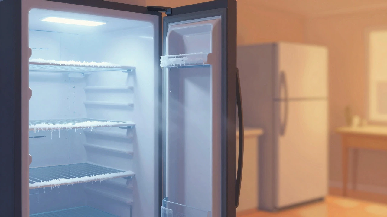 Open freezer door showing frost melting as the appliance cools down during a reset