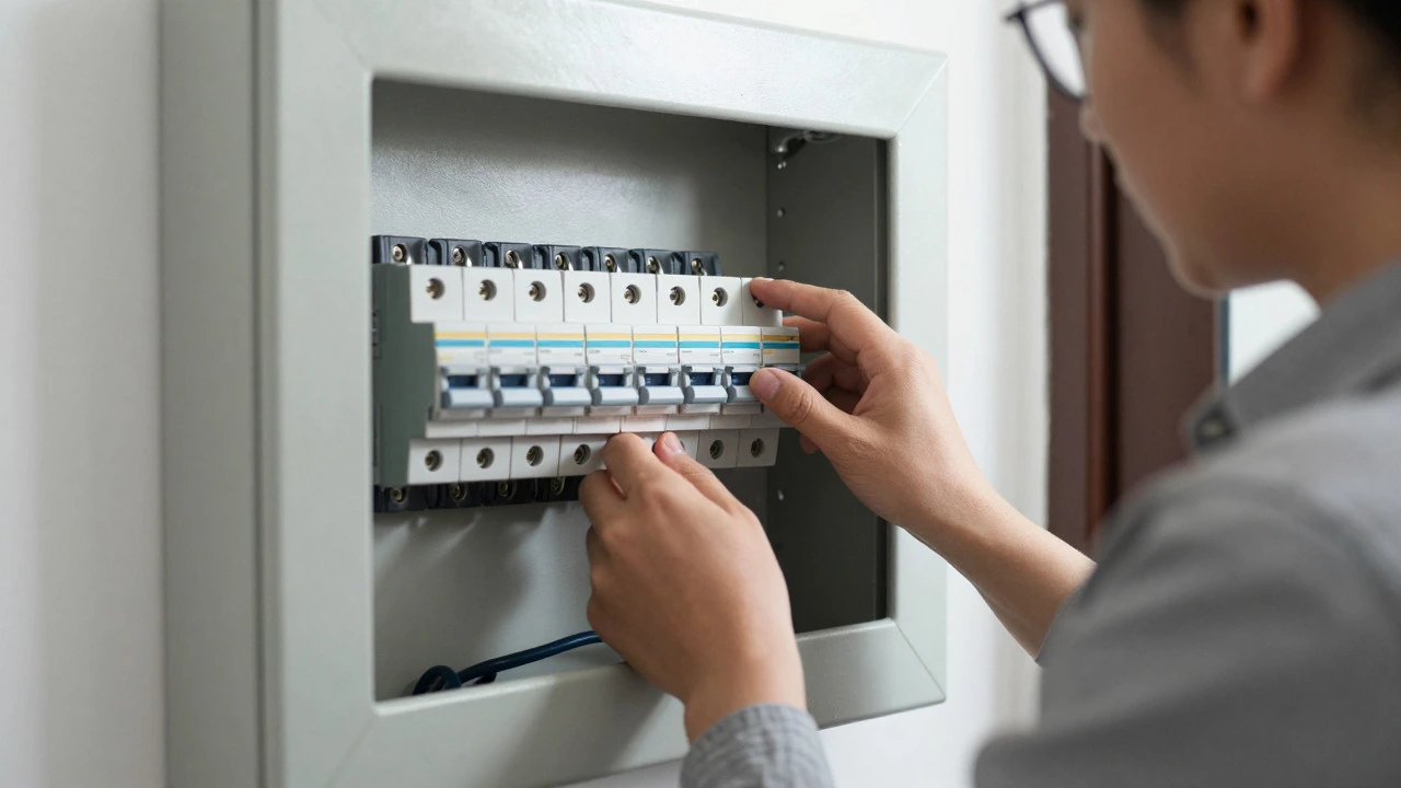 Person inspecting tripped circuit breaker in household switchboard panel