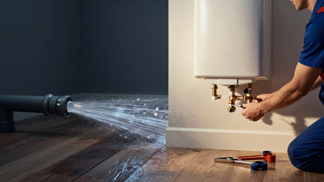 Split image showing water damage vs new heater installation
