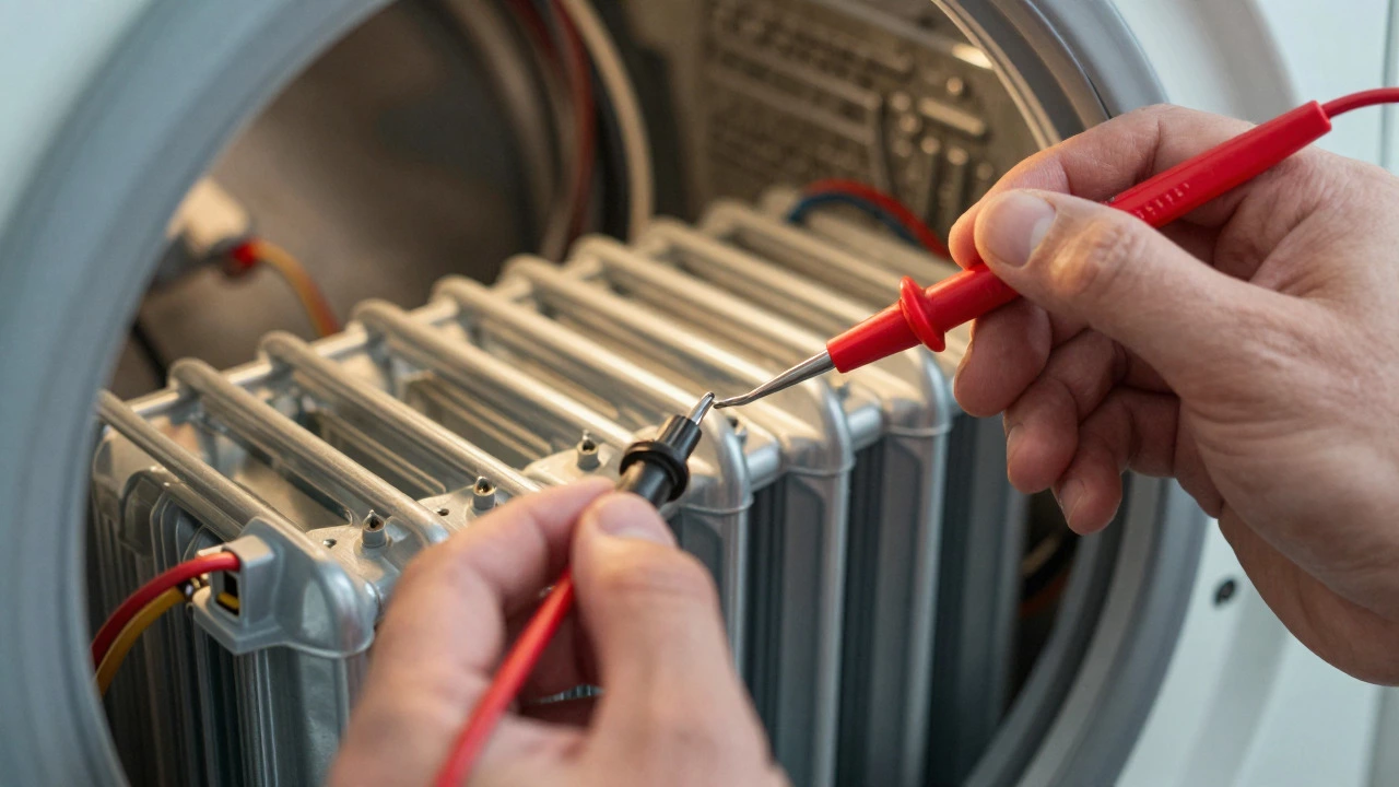 Technician testing a washing machine heater element with a multimeter