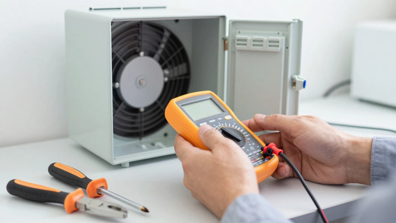 Technician testing extractor fan wiring with a multimeter