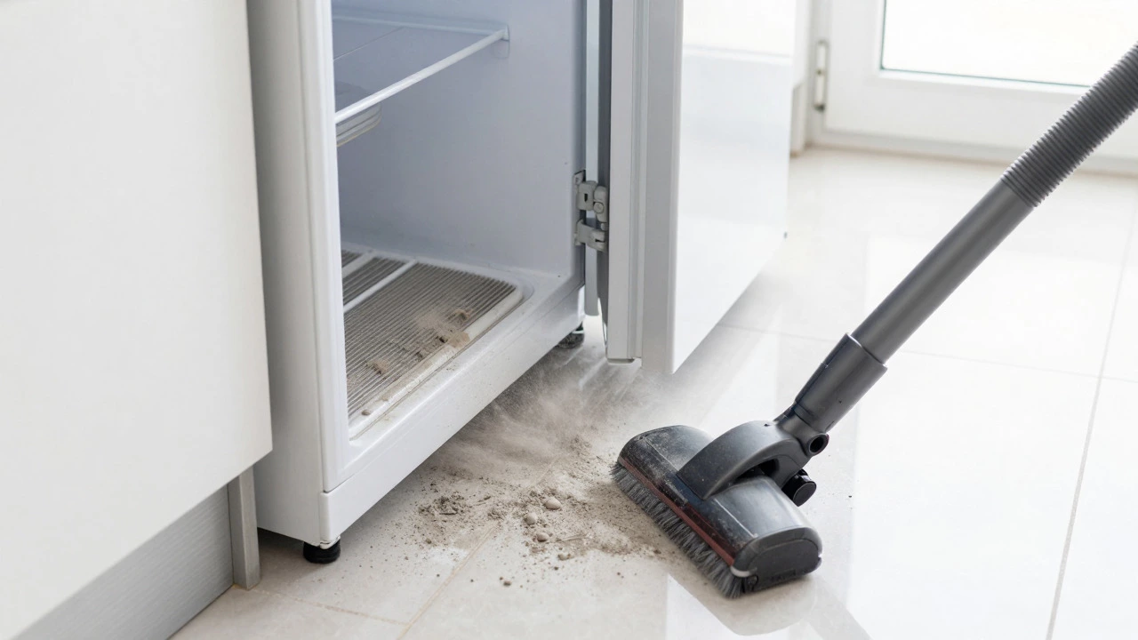 Vacuuming dust from refrigerator condenser coils behind appliance