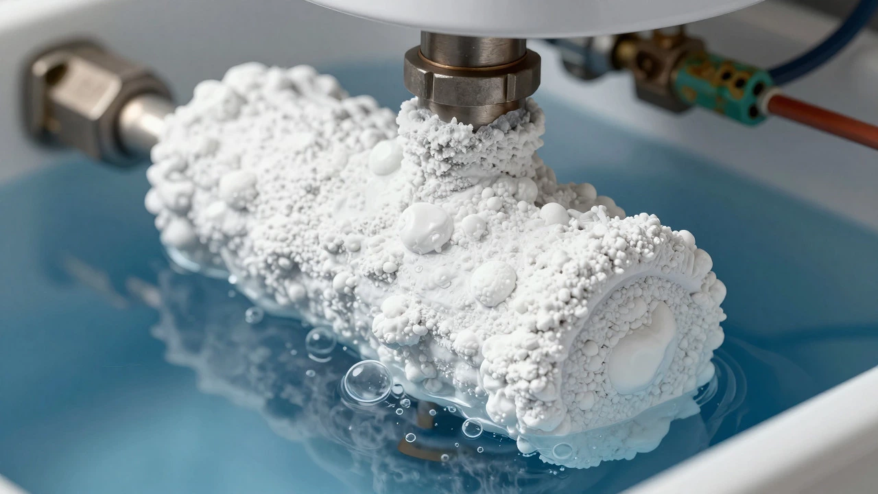 Water heater element covered in white mineral scale